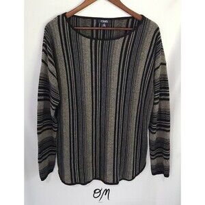 Chaps Womens Long Sleeve Black & Beige Striped Sweater - Size L